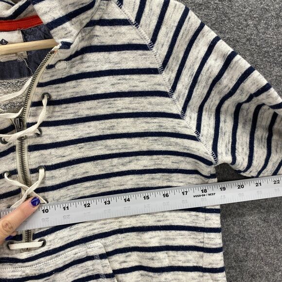 Sperry Hoodie Women XS White Striped Hooded 3/4 Sleeve Cotton Tasseled Pockets - Picture 8 of 10